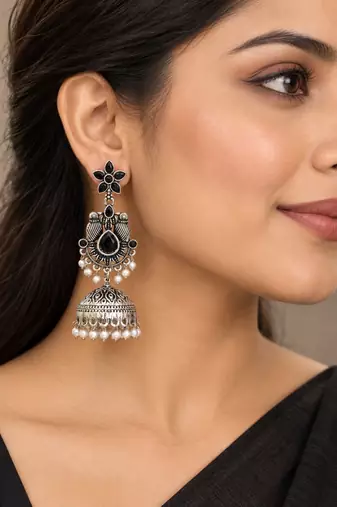 German silver bird motif black long dome jhumka earrings