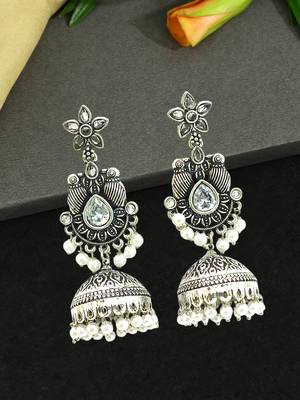 German silver bird motif clear long dome jhumka earrings 1