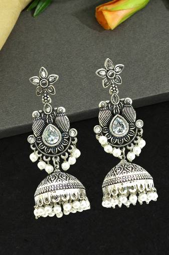 German silver bird motif clear long dome jhumka earrings