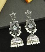 German silver bird motif clear long dome jhumka earrings
