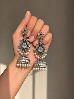 German silver bird motif clear long dome jhumka earrings 2
