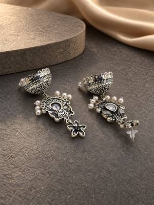 German silver bird motif clear long dome jhumka earrings 3