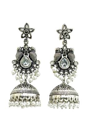 German silver bird motif clear long dome jhumka earrings 4