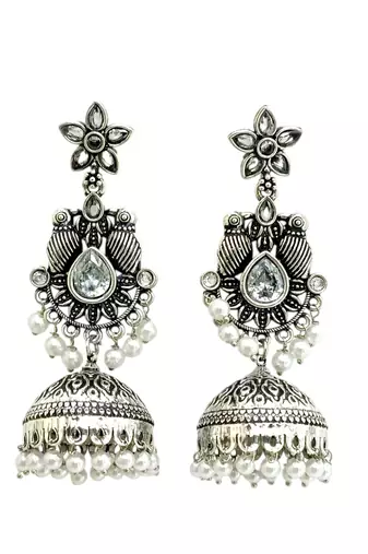 German silver bird motif clear long dome jhumka earrings