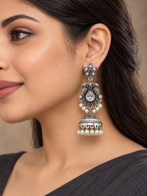 German silver bird motif clear long dome jhumka earrings 5