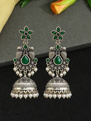 German silver bird motif green long dome jhumka earrings 1