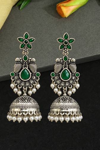 German silver bird motif green long dome jhumka earrings