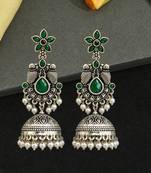 German silver bird motif green long dome jhumka earrings
