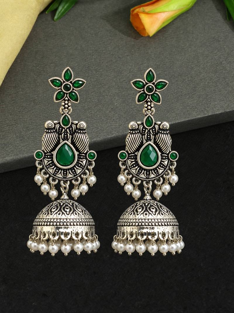 German silver bird motif green long dome jhumka earrings