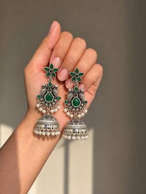 German silver bird motif green long dome jhumka earrings 2