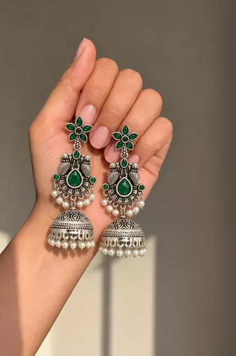 German silver bird motif green long dome jhumka earrings