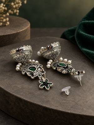 German silver bird motif green long dome jhumka earrings 3