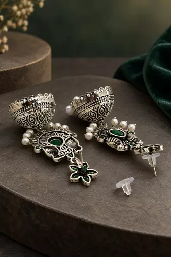 German silver bird motif green long dome jhumka earrings