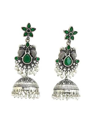 German silver bird motif green long dome jhumka earrings 4