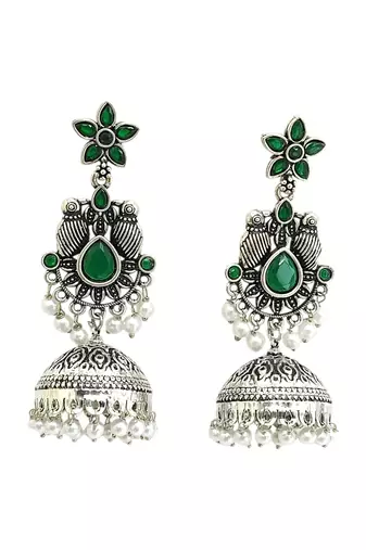 German silver bird motif green long dome jhumka earrings