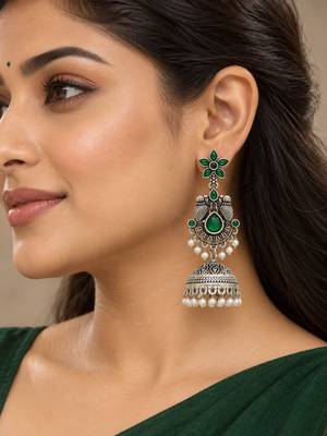 German silver bird motif green long dome jhumka earrings 5