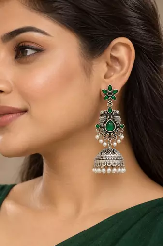 German silver bird motif green long dome jhumka earrings