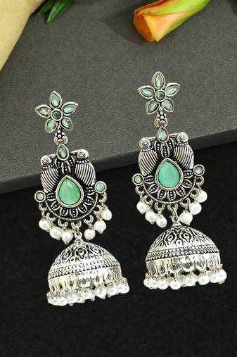German silver bird motif mint long dome jhumka earrings