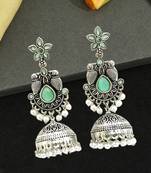 German silver bird motif mint long dome jhumka earrings