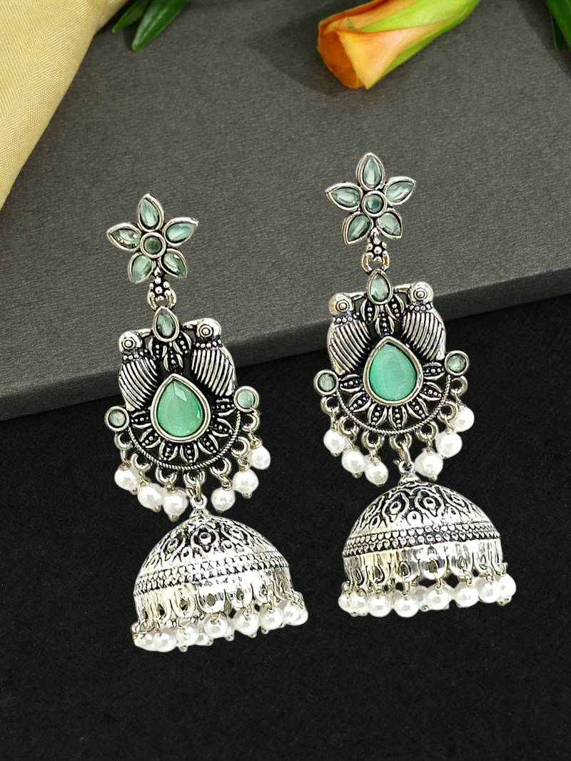 German silver bird motif mint long dome jhumka earrings