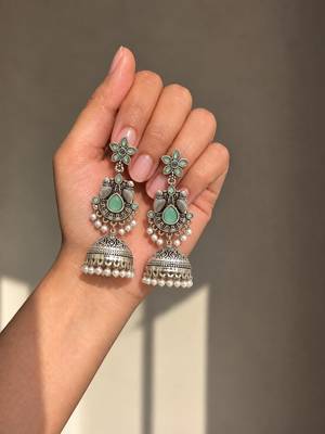 German silver bird motif mint long dome jhumka earrings 2