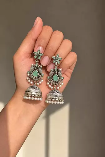 German silver bird motif mint long dome jhumka earrings