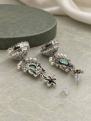 German silver bird motif mint long dome jhumka earrings 3