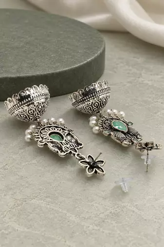 German silver bird motif mint long dome jhumka earrings
