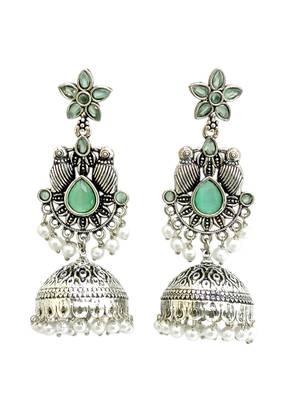 German silver bird motif mint long dome jhumka earrings 4