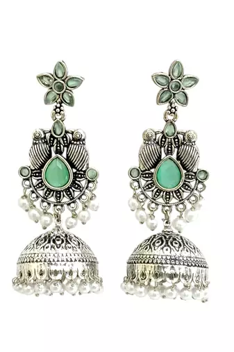 German silver bird motif mint long dome jhumka earrings