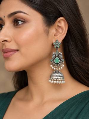 German silver bird motif mint long dome jhumka earrings 5