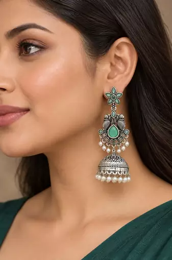 German silver bird motif mint long dome jhumka earrings