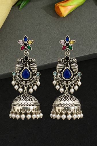 German silver bird motif multi long dome jhumka earrings
