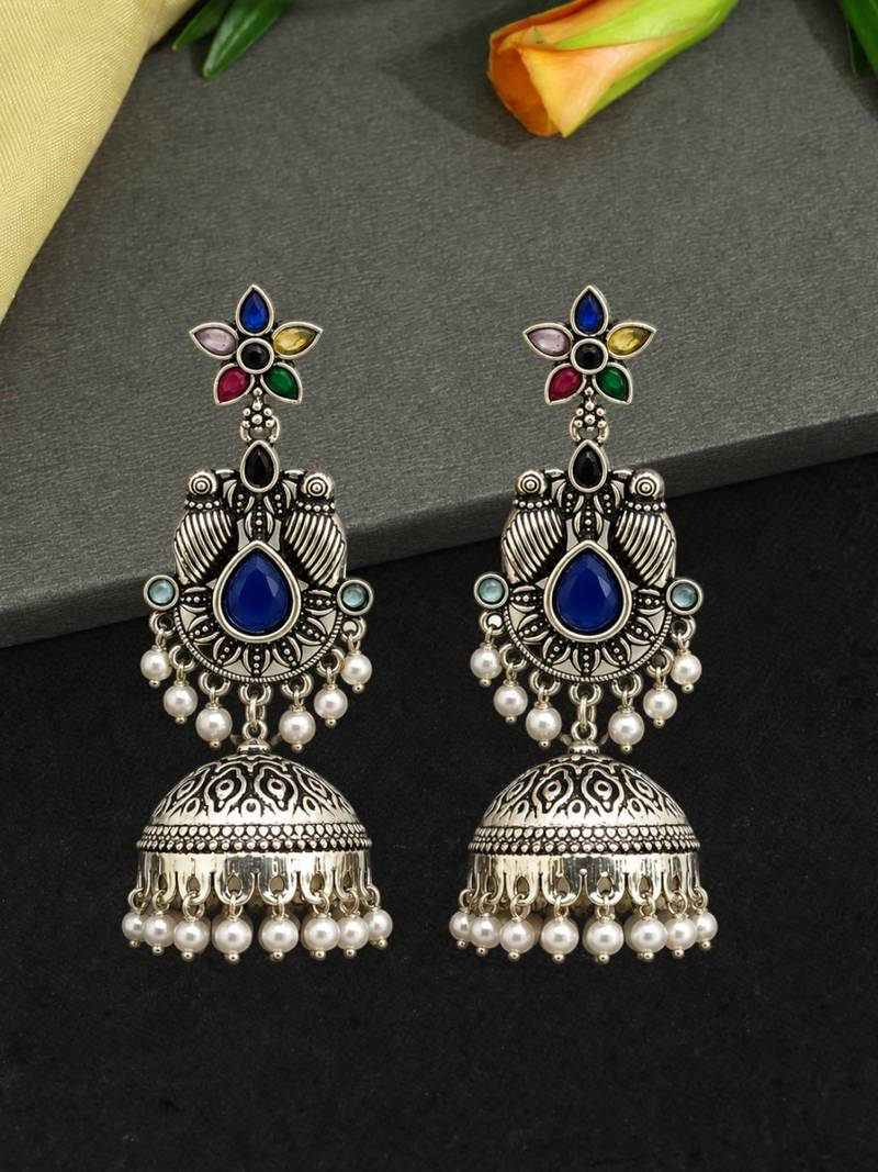German silver bird motif multi long dome jhumka earrings