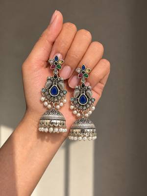German silver bird motif multi long dome jhumka earrings 2