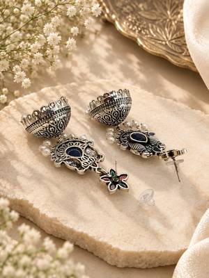 German silver bird motif multi long dome jhumka earrings 3