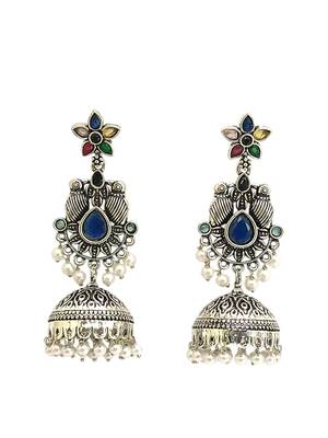 German silver bird motif multi long dome jhumka earrings 4