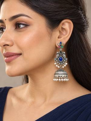 German silver bird motif multi long dome jhumka earrings 5