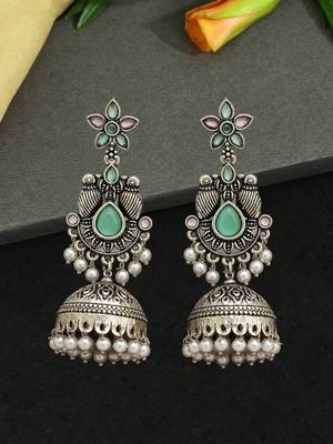 German silver bird motif pink green long dome jhumka earrings 1