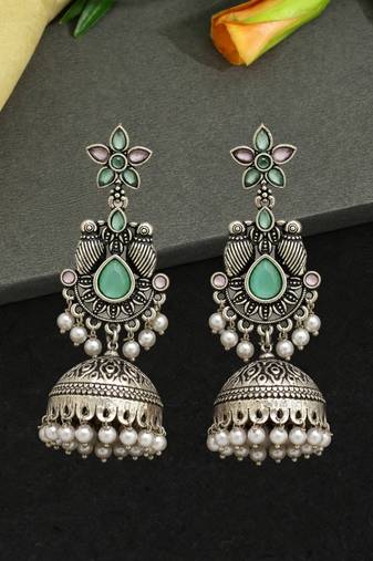 German silver bird motif pink green long dome jhumka earrings