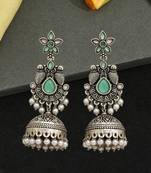 German silver bird motif pink green long dome jhumka earrings