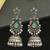 German silver bird motif pink green long dome jhumka earrings