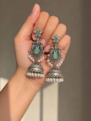 German silver bird motif pink green long dome jhumka earrings 2