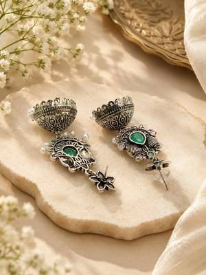 German silver bird motif pink green long dome jhumka earrings 3