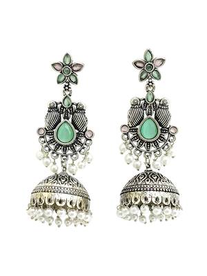 German silver bird motif pink green long dome jhumka earrings 4