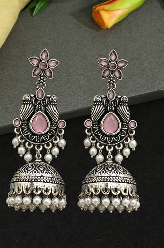German silver bird motif pink long dome jhumka earrings