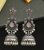 German silver bird motif pink long dome jhumka earrings