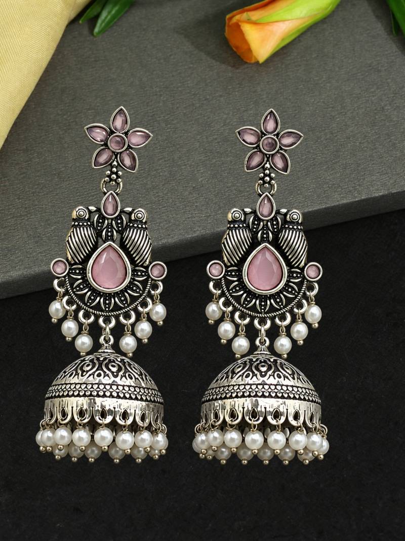 German silver bird motif pink long dome jhumka earrings