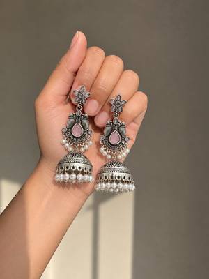 German silver bird motif pink long dome jhumka earrings 2