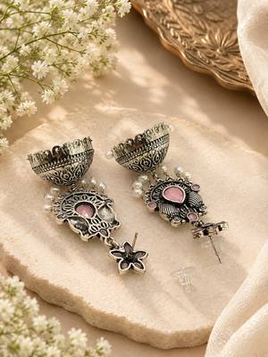 German silver bird motif pink long dome jhumka earrings 3